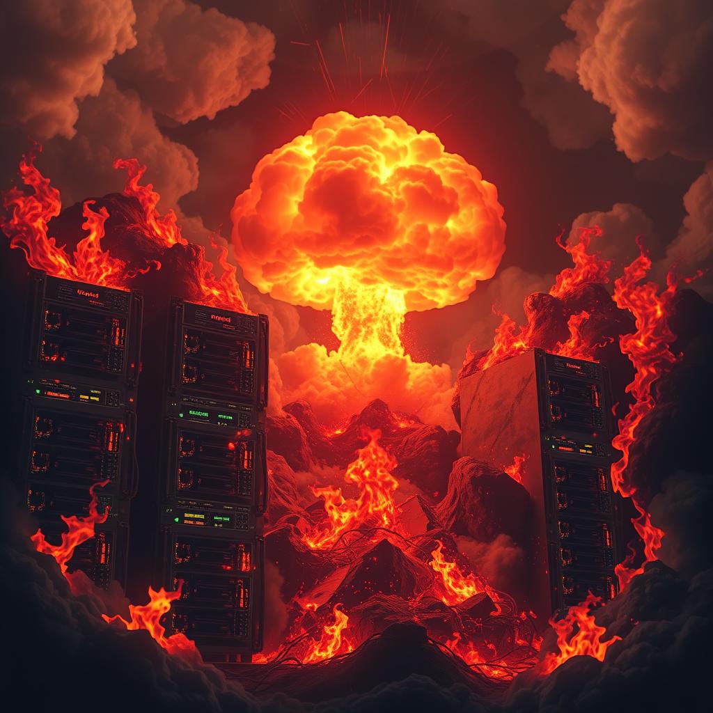 synology nas surrounded by flames with a nuclear explosion on top of it