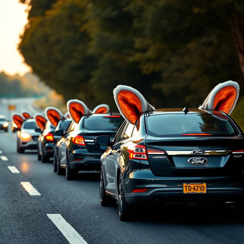 ford cars with human ears on their doors driving on a highway