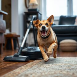 a robot vacuum behind a running dog. The dog is terrified