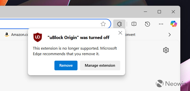 uBlock Origin was turned off message in Edge